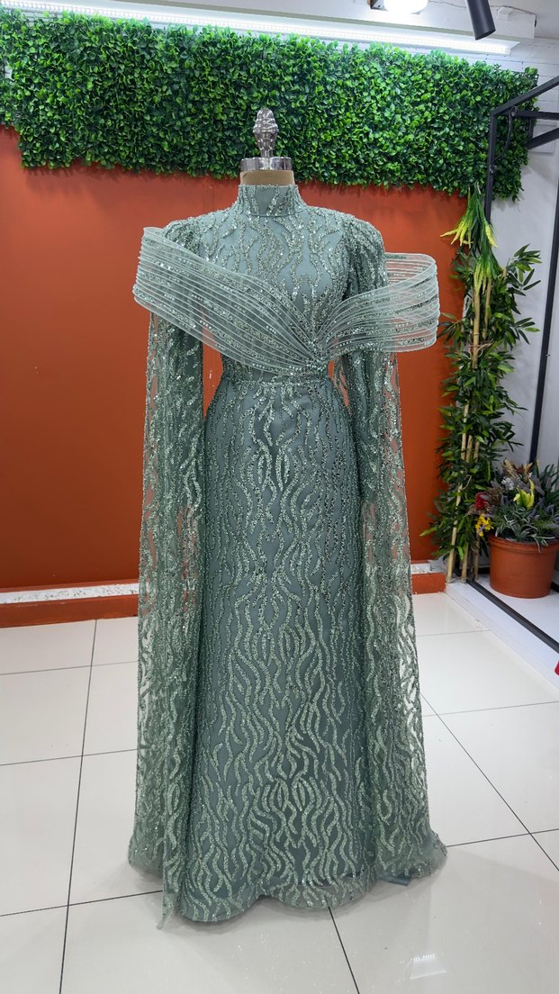 Parlak Turkuaz Nakışlı Uzun Abiye - Görsel 2