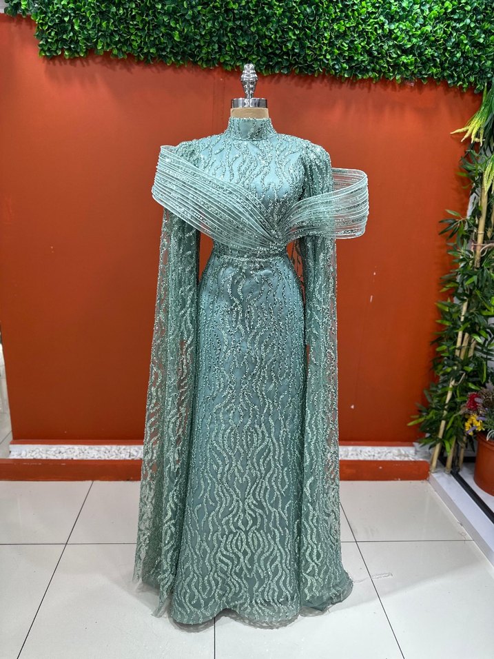 Parlak Turkuaz Nakışlı Uzun Abiye - Görsel 4
