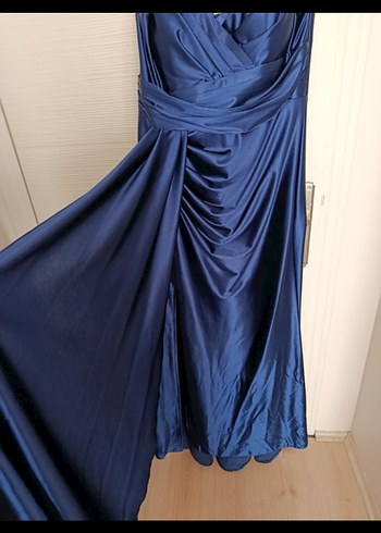 Saten Gece Mavisi Sırt İp Askılı Elbise - Görsel 5