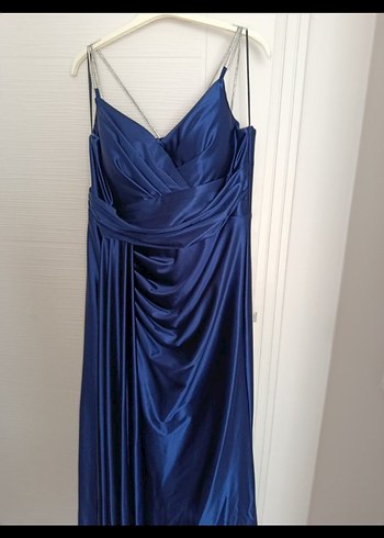 Saten Gece Mavisi Sırt İp Askılı Elbise - Görsel 7
