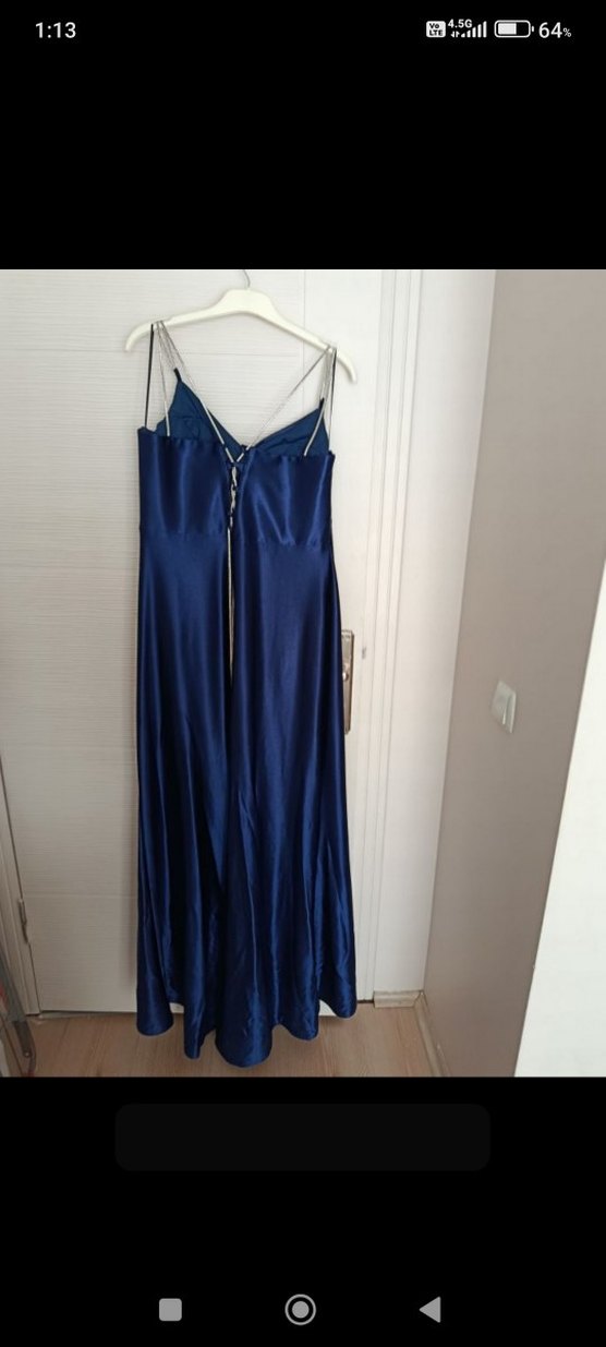 Saten Gece Mavisi Sırt İp Askılı Elbise - Görsel 4