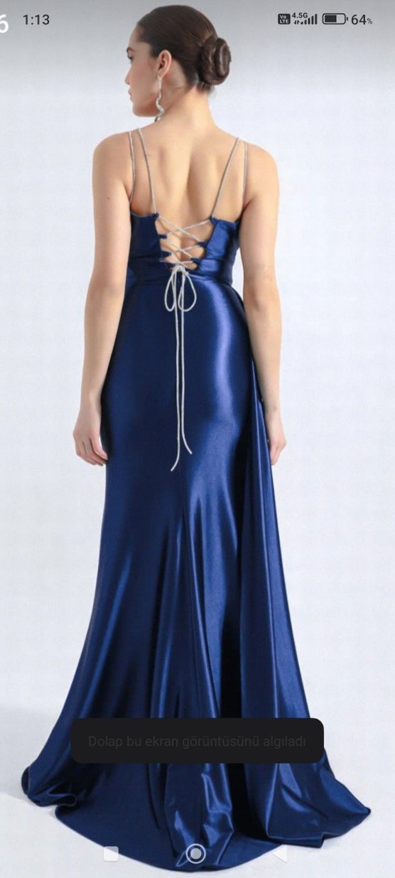 Saten Gece Mavisi Sırt İp Askılı Elbise - Görsel 3