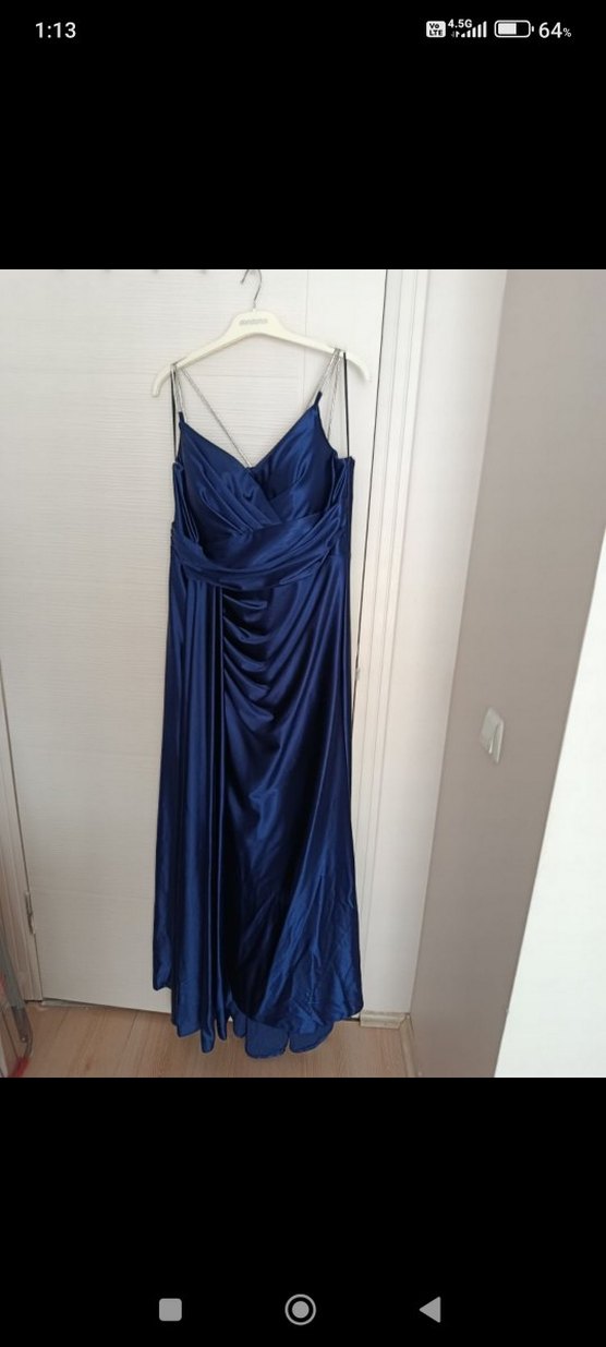 Saten Gece Mavisi Sırt İp Askılı Elbise - Görsel 2