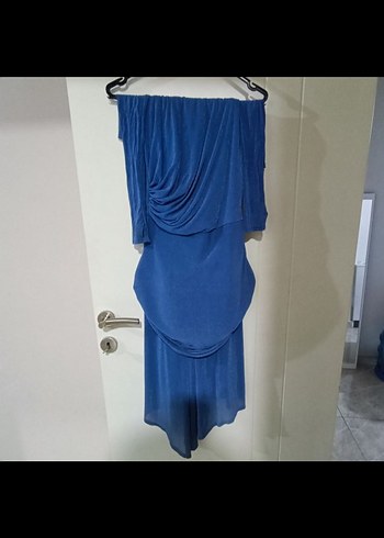 İndigo Straplez Büzgülü Uzun Abiye Elbise - Görsel 6