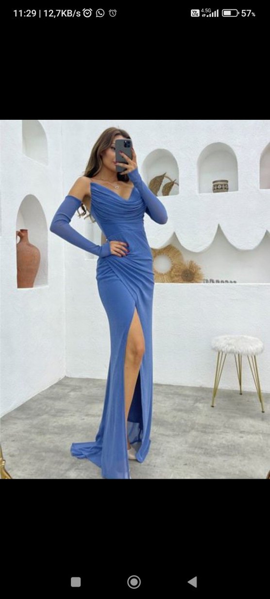 İndigo Straplez Büzgülü Uzun Abiye Elbise - Görsel 2