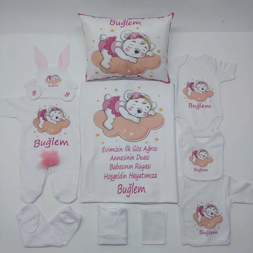 Pembe Baskılı Pamuk Bebek Uyku Seti - Görsel 4