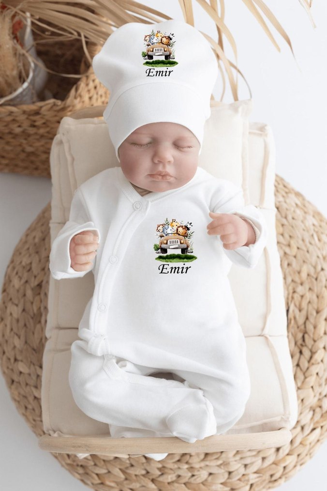 Bebek Hastane Çıkışı Beyaz Baskılı Pamuklu - Görsel 5