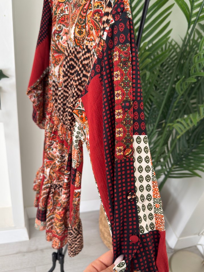 Uzun Kollu, Desenli Bohem Kadın Elbise - Görsel 3