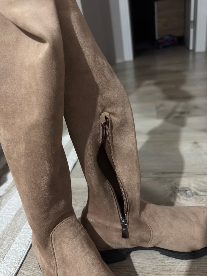 Bej Süet Diz Üstü Çorap Çizme - Görsel 2