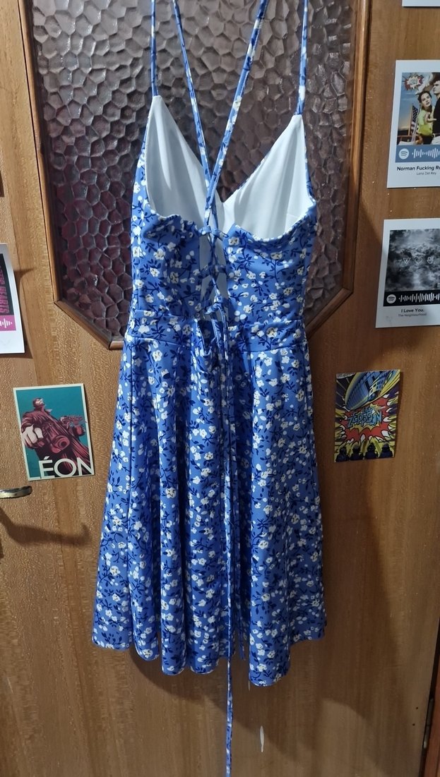 Mavi Çiçek Desenli V Yaka Midi Elbise - Görsel 2