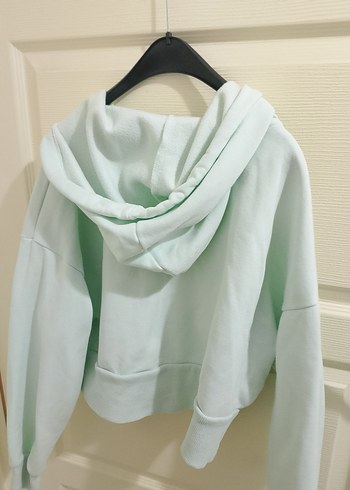 m Beden turkuaz Renk mavimsi Kapüşonlu Fermuarlı Crop Sweatshirt