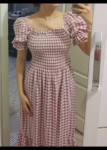 Diğer Pembe Ekose Midi Elbise