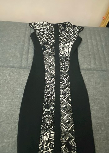 ADL Desenli Siyah Gri Kolsuz Kalem Elbise - Görsel 3