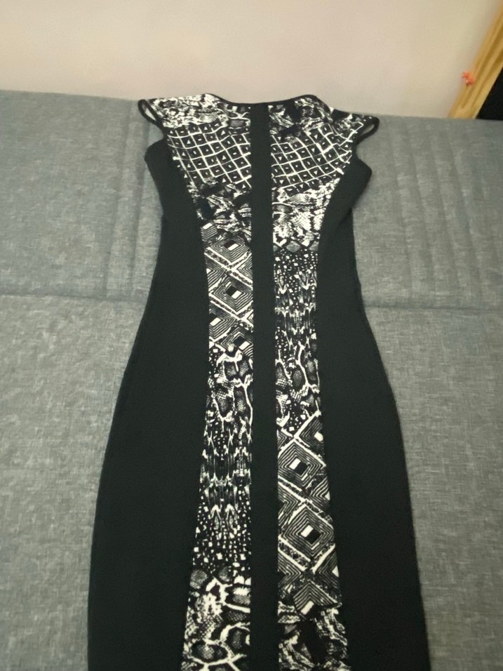 ADL Desenli Siyah Gri Kolsuz Kalem Elbise - Görsel 3