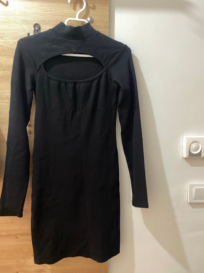 Siyah Yüksek Yakalı Kadın Triko Elbise - Görsel 2