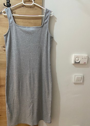 Gri Kolsuz Midi Keten Elbise - Görsel 3