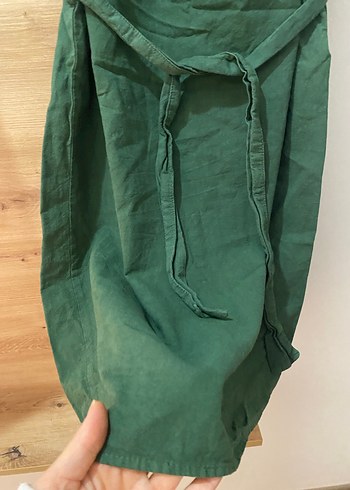 Kolsuz Kemerli Midi Keten Elbise - Görsel 3