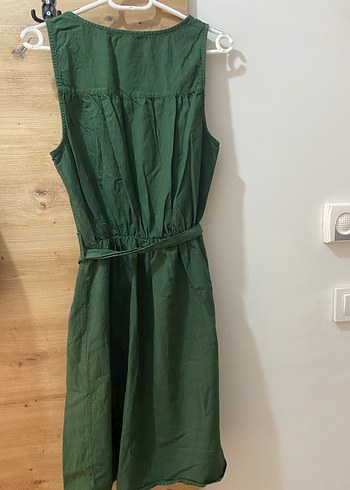 Kolsuz Kemerli Midi Keten Elbise - Görsel 5