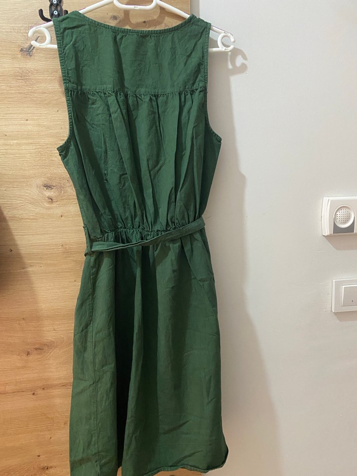 Kolsuz Kemerli Midi Keten Elbise - Görsel 5