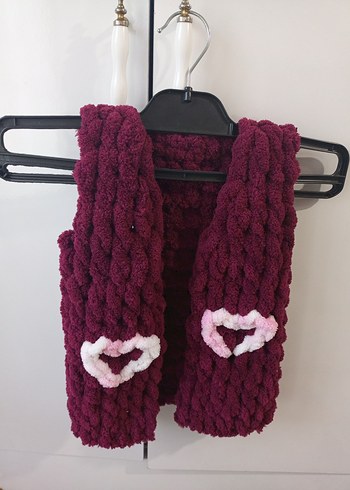 Bordo Örgü Kız bebek Yeleği Nakışlı - Görsel 5