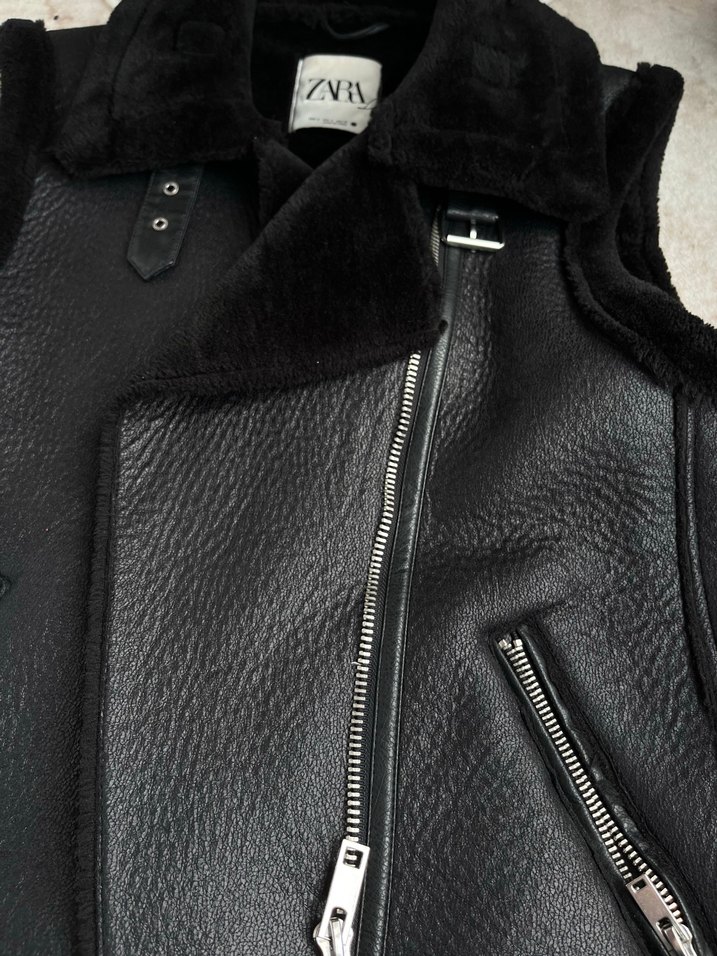 Siyah Kürklü Deri Biker Yelek - Görsel 2