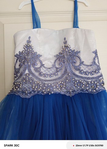 Mavi Nakışlı Kız Çocuk Abiye Elbise - Görsel 5