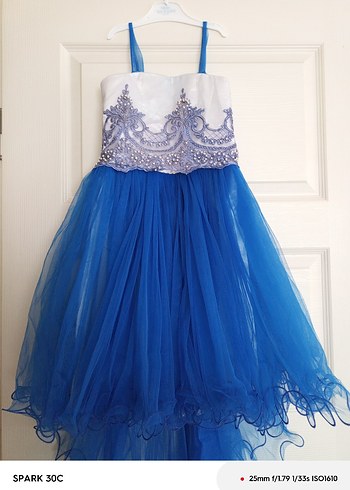 Mavi Nakışlı Kız Çocuk Abiye Elbise - Görsel 6