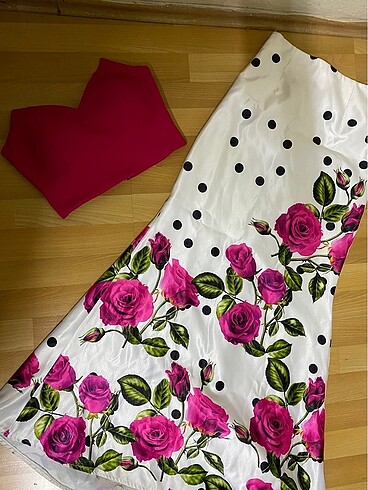 3D boyutlu Crop etek saten takım