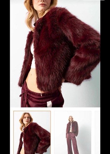 Bordo Kısa Suni Kürk Ceket - Görsel 2