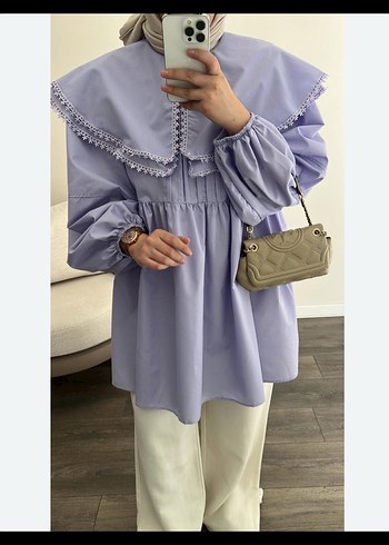 Fırfırlı Nakışlı Mor Midi Tunik