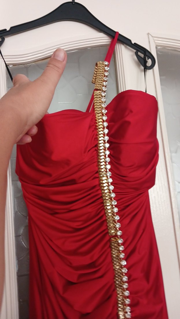 Drapeli Uzun Kırmızı Straplez Abiye Elbise - Görsel 2