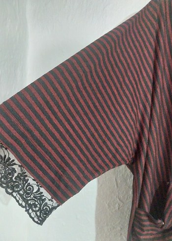 Bordo Çizgili Uzun Kollu V Yaka Bluz - Görsel 4