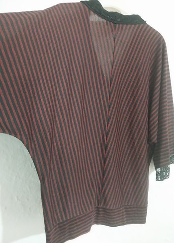 Bordo Çizgili Uzun Kollu V Yaka Bluz - Görsel 6