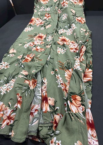 Yeşil Çiçek Desenli V Yakalı Kadın Gömlek Elbise - Görsel 4