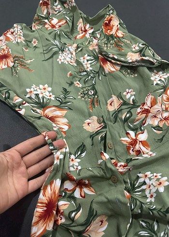 Yeşil Çiçek Desenli V Yakalı Kadın Gömlek Elbise - Görsel 5