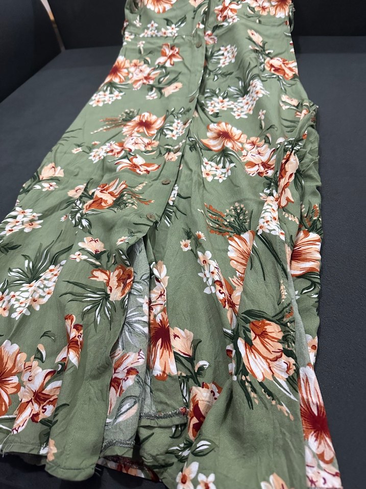 Yeşil Çiçek Desenli V Yakalı Kadın Gömlek Elbise - Görsel 4