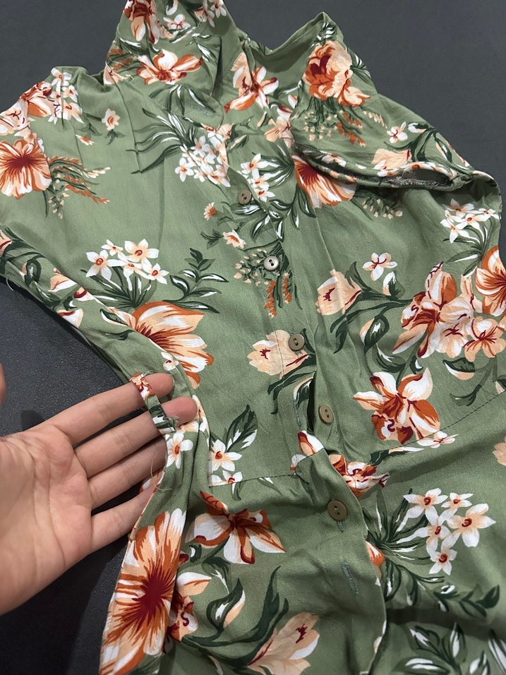 Yeşil Çiçek Desenli V Yakalı Kadın Gömlek Elbise - Görsel 5