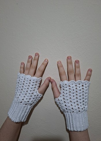 Beyaz Örgü Bohem Kadın Eldiveni - Görsel 4