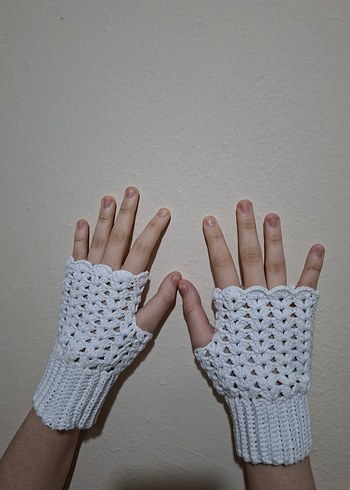 Beyaz Örgü Bohem Kadın Eldiveni - Görsel 5