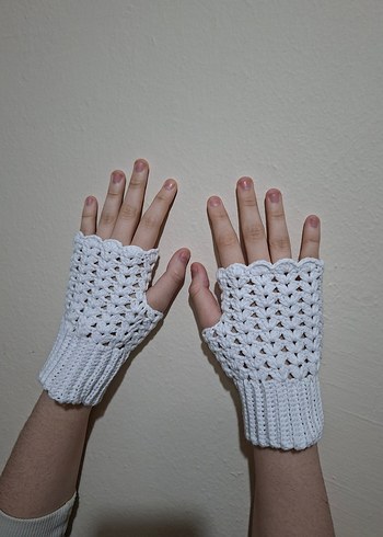Beyaz Örgü Bohem Kadın Eldiveni - Görsel 6