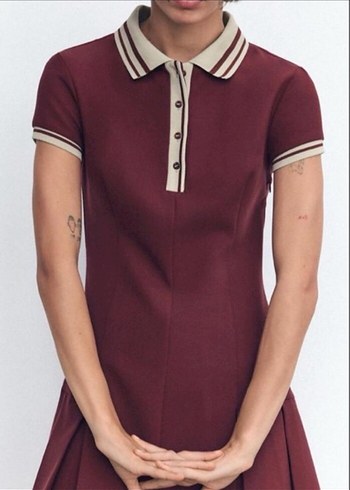 Zara Zara Bordo Polo Yaka Düğmeli Kısa Elbise