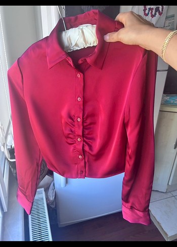 Stradivarius Bordo saten Kadın Gömlek - Görsel 3