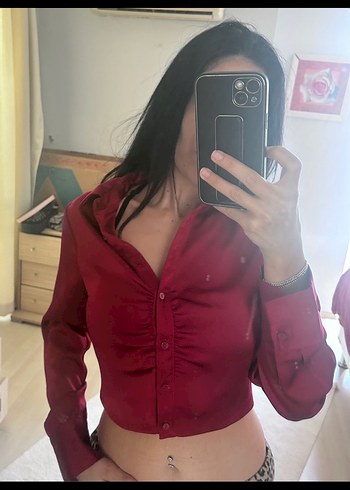 Stradivarius Bordo saten Kadın Gömlek - Görsel 2