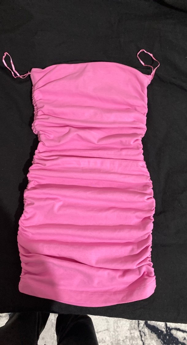 Pembe Straplez Pilili Mini Elbise - Görsel 2