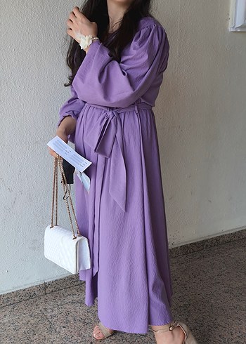 Mor Uzun Keten Salaş Elbise - Görsel 2