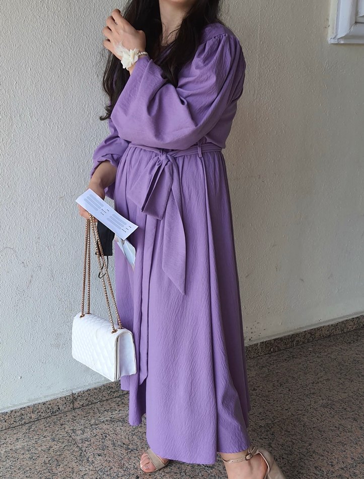 Mor Uzun Keten Salaş Elbise - Görsel 2