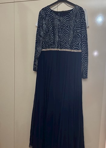 Uzun Kollu Drapeli Lacivert Abiye Elbise - Görsel 2