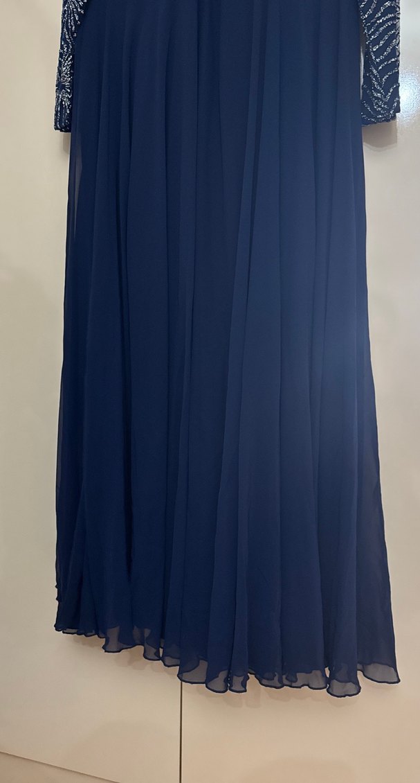 Uzun Kollu Drapeli Lacivert Abiye Elbise - Görsel 4