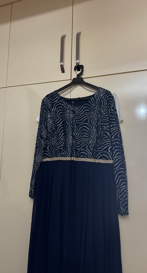 Uzun Kollu Drapeli Lacivert Abiye Elbise - Görsel 5