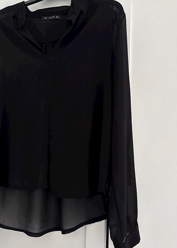 Siyah V-Yaka Uzun Kollu Kadın tül Gömlek - Görsel 4